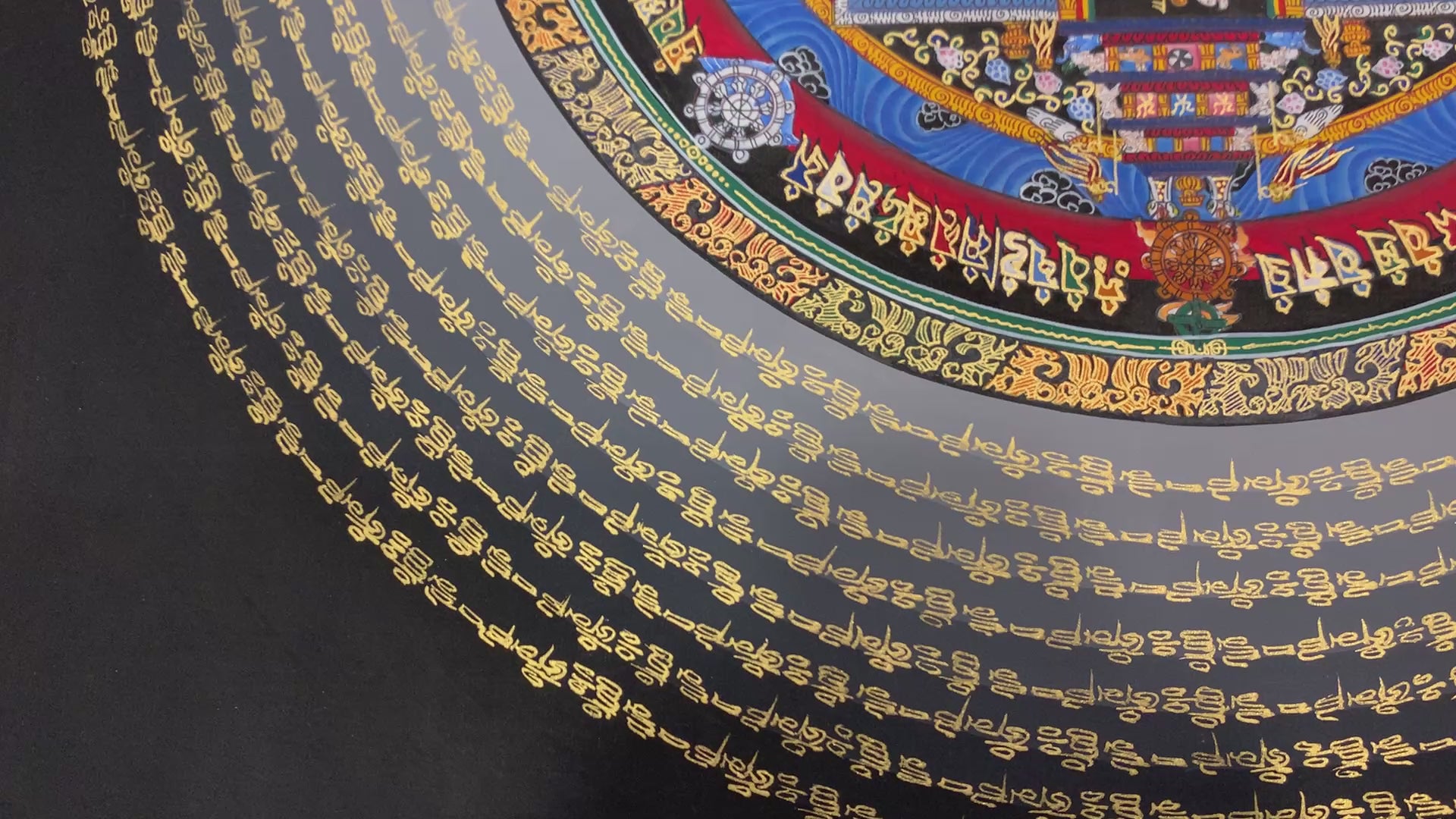 Kalachakra mandala thangka. hand painted wheel of time with mantra cycle.