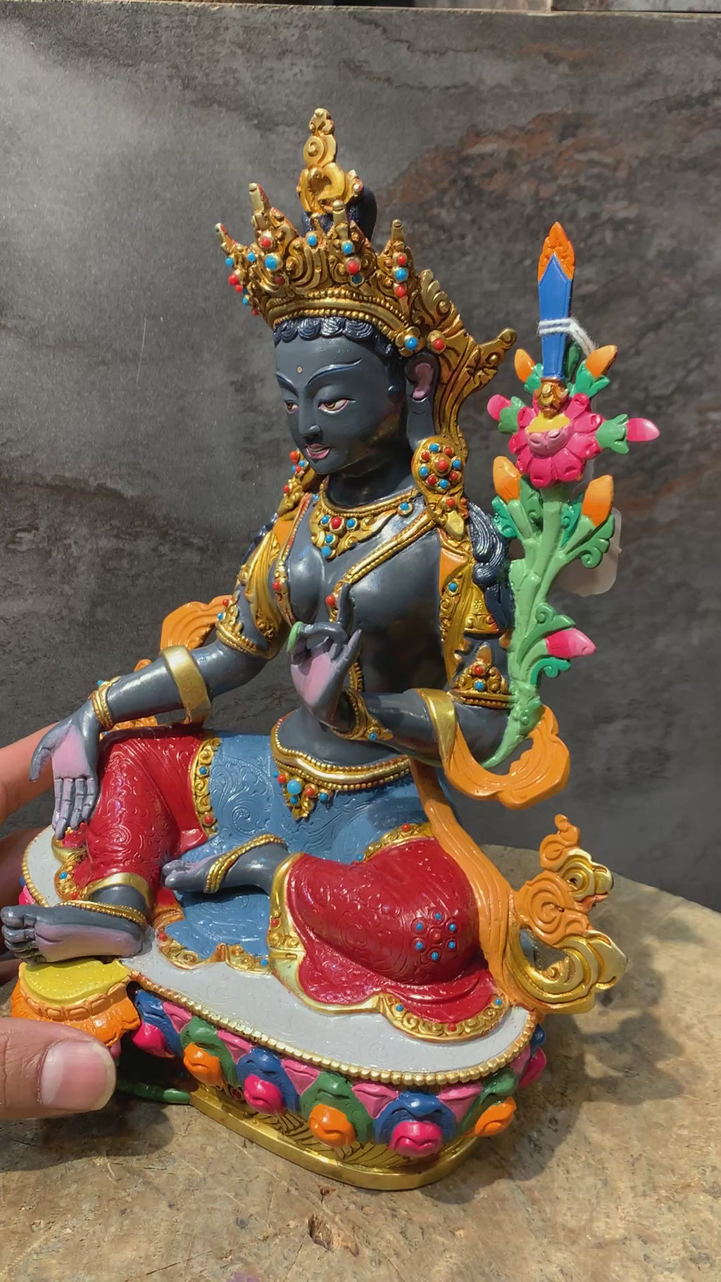 Rare Black Tara Statue. Handcrafted Dolma Nagmo wrathful Tara.