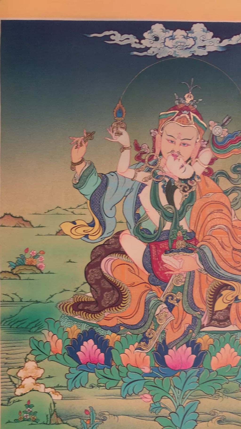 Hand painted Guru rinpoche yabyum thangka. guru padmasambhava in union form.