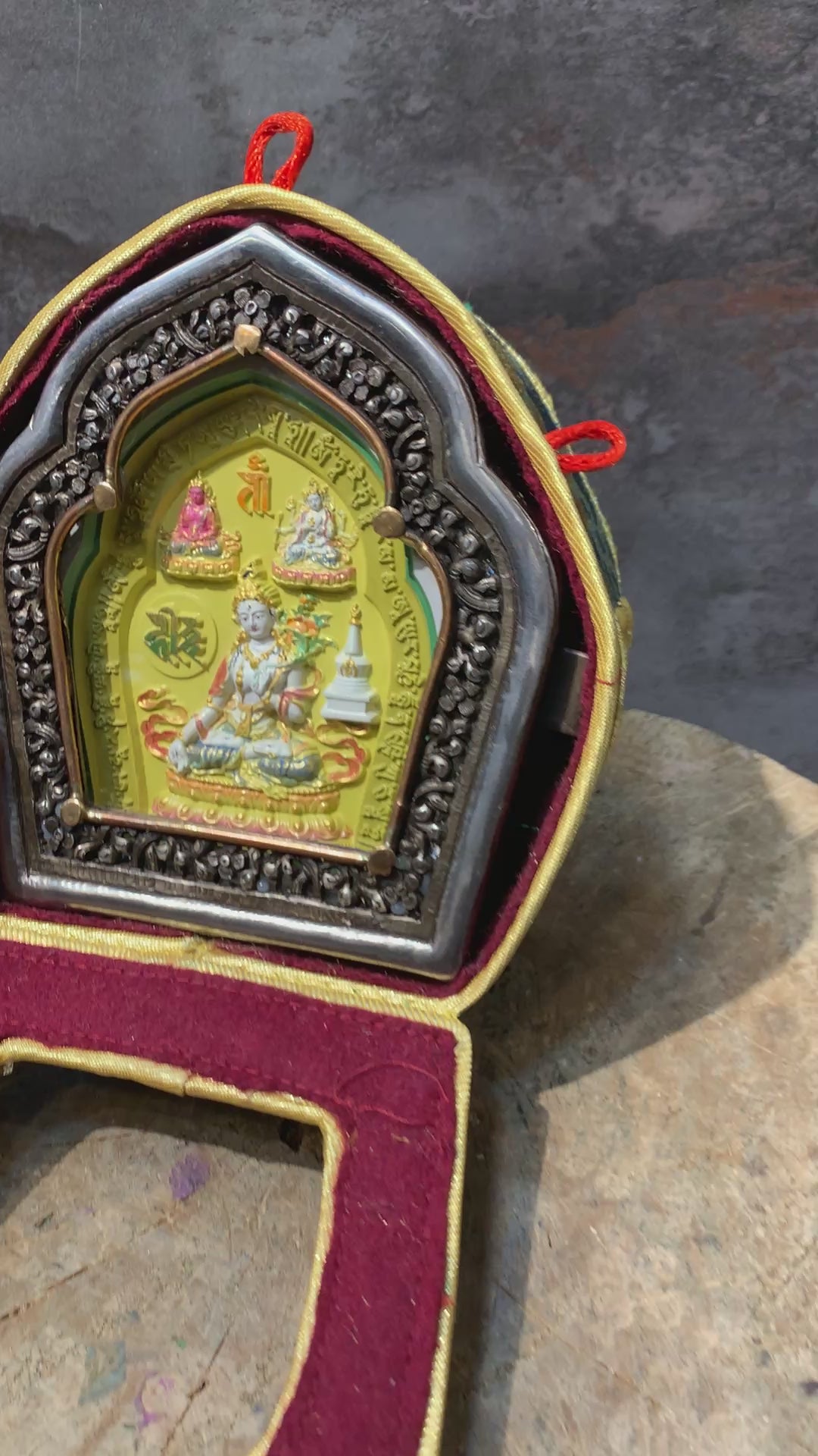 3 Longlife buddha tsatsa with ghau box. White tara, amitayus and namgyalma. Tselha namsum. Iron ghau box.