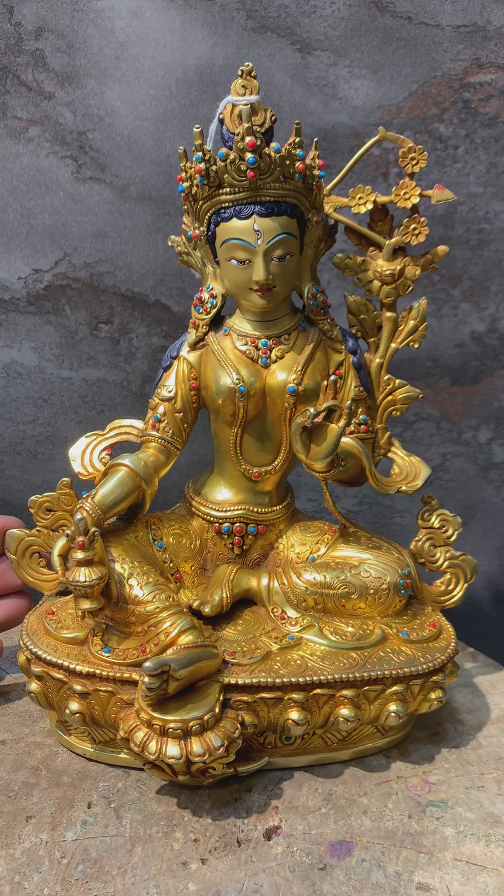 Hand carved Rare Red Tara Statue. Dolma marmo. 24k gold painted face.