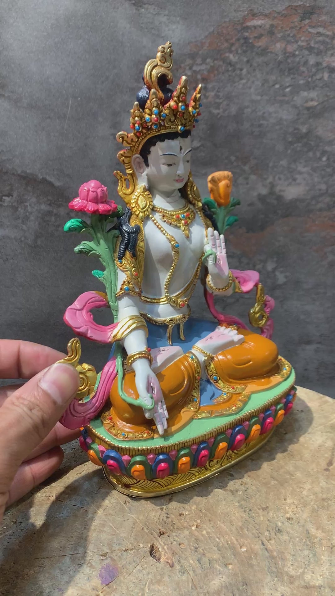 Colorful White Tara statue. hand crafted Dolkar statue made of copper.