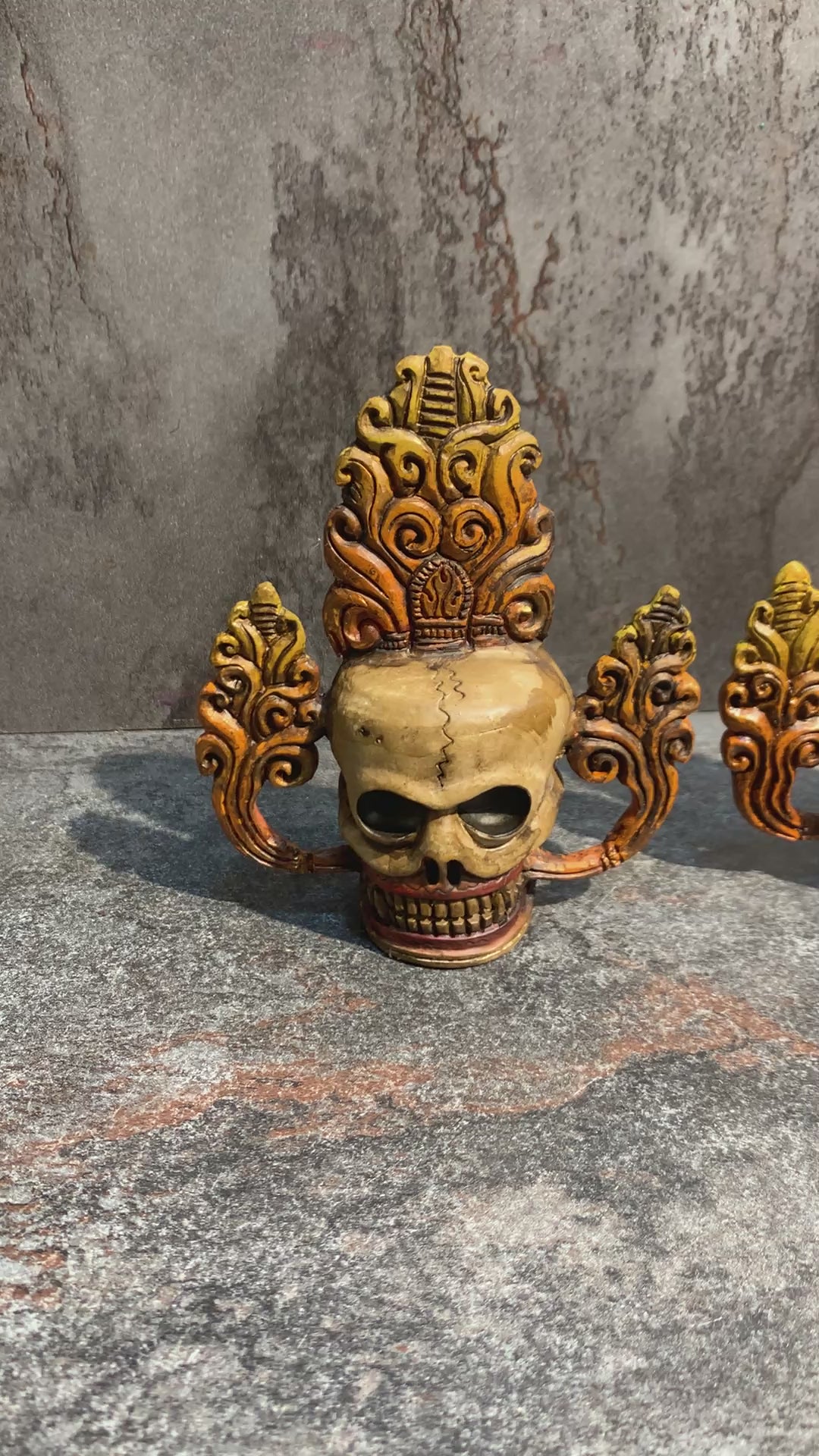 Hand Carved Bone Skulls Set: Antique Finish, representation of Five Poisons